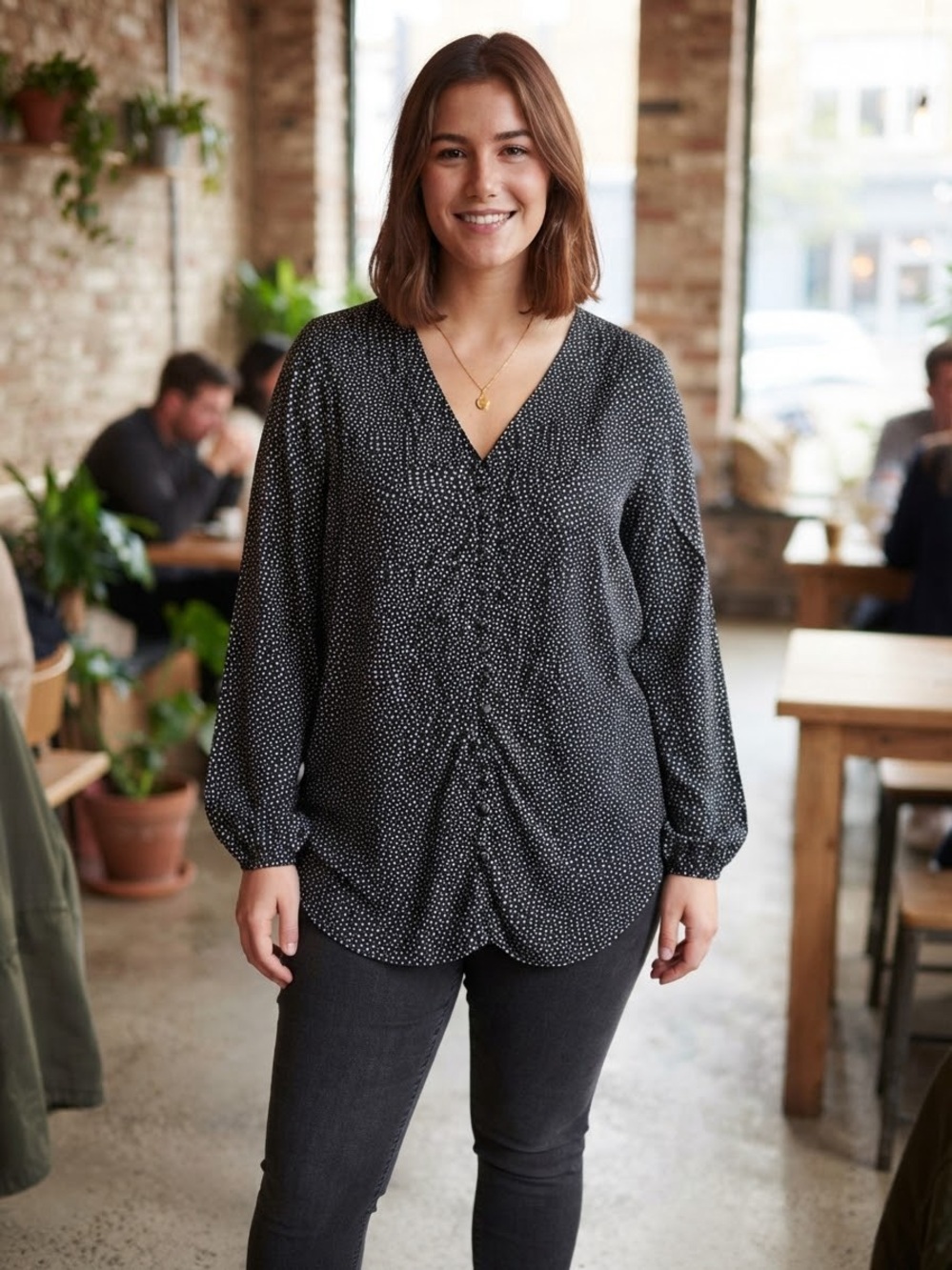 torrid Black Blouse with White Micro Dots V-Neck